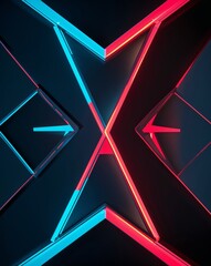 Poster - Neon cyan and red geometric shapes light patterns on black background