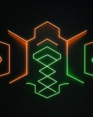 Poster - Neon orange and green geometric shapes light patterns on black background