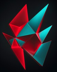 Poster - Neon red and teal geometric shapes light patterns on black background