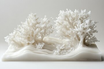 Poster - Intricate white sculpture depicting serene trees and flowing landscape in minimalist style