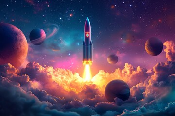 Poster - Rocket launches into the cosmos surrounded by vibrant planets and colorful clouds