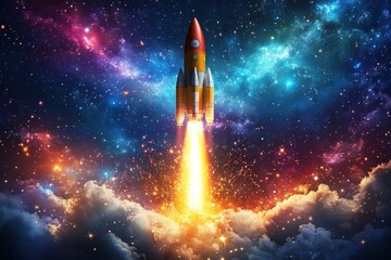 Poster - Rocket launching into a vibrant galaxy filled with stars and cosmic colors