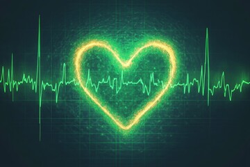 Poster - Heartbeat visual representation with an electric green heart shape and pulse line on a dark background