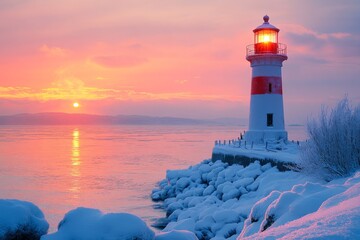 Poster - Majestic lighthouse illuminated at sunset surrounded by snow and ice on a serene winter evening