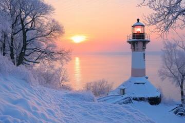 Aufkleber - Winter sunset over a lighthouse by a frozen lake surrounded by snow-covered trees