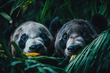 Poster - Two young pandas peek through lush green foliage while enjoying bamboo in a serene habitat