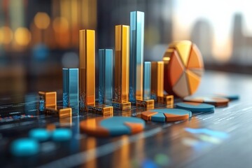 Poster - Data visualization displays colorful bar and pie charts for business analysis at a modern office