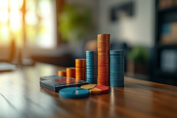 Aufkleber - Stacks of colorful coins arranged on a wooden table in a well-lit room