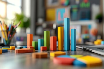 Poster - Colorful wooden blocks representing data analysis on a desk in a bright workspace setting