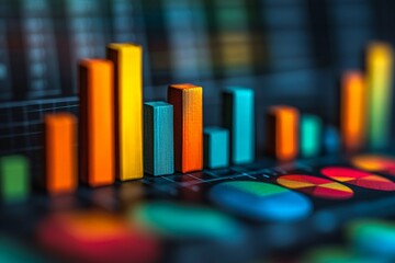 Aufkleber - Colorful bar chart illustrating data analysis in a modern office setting during late afternoon