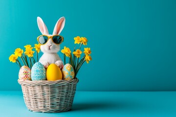 Canvas Print - Cool Bunny With Sunglasses, Colorful Easter Eggs, and Daffodils in Basket on Turquoise Background