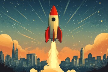 Poster - Rocket launch over a city skyline at dusk with vibrant colors and starry background