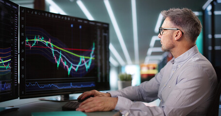 Poster - Stock Market Broker Looking At Graphs On Multiple Screens