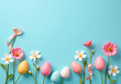 © Galeno - flowers eggs ribbon create simple yet festive easter flat lay design bright blue background plenty empty