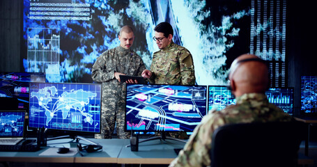 Poster - Black Military Operator Monitors CCTV Cameras