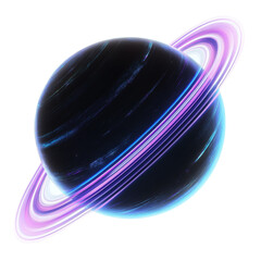 Poster - The image depicts a digitally rendered planet with bright purple and blue rings against a black background, suggesting a fantastical or sci-fi setting.