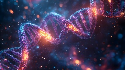 Poster - Striking 3D image of a DNA helix with swirling chemical elements and abstract biological forms illuminated by neon lights for a dramatic effect