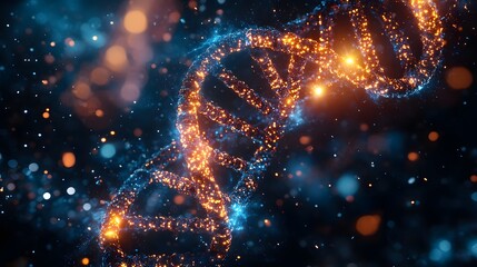 Fototapete - Striking 3D image of a DNA helix with swirling chemical elements and abstract biological forms illuminated by neon lights for a dramatic effect