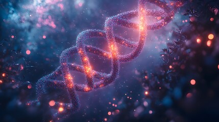 Poster - Striking 3D image of a DNA helix with swirling chemical elements and abstract biological forms illuminated by neon lights for a dramatic effect