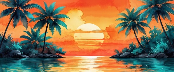 Wall Mural - Sunset orange and turquoise watercolor glowing color background