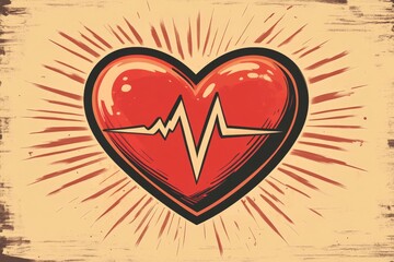 Poster - Heart symbol with heartbeat line against a retro-style background creates a striking visual representation of love and vitality