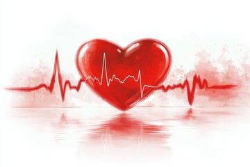 Poster - Heart symbol with electrocardiogram line illustrating love and health concepts in a vivid red color