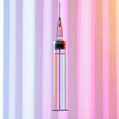 Poster - Syringe filled with a transparent liquid suspended on a light minimalist background reflecting light off its metallic needle emphasizing precision
