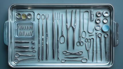 Poster - Surgical tray with neatly arranged instruments forceps and scissors set on a minimalist background emphasizing cleanliness and order in medical practice