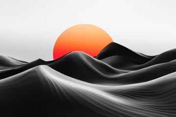 Aufkleber - Stunning sunset over abstract black and white mountain landscape with vibrant orange sun