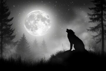 Poster - Majestic wolf howls at the full moon in a misty forest under a starry sky at night