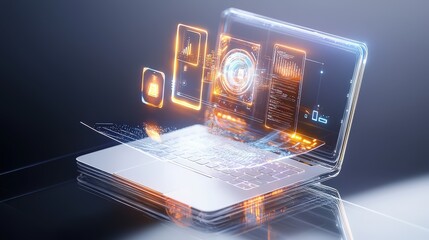 Poster - A conceptual transparent laptop on a glass table, with sleek, glowing components and a clean digital interface projected on the screen.
