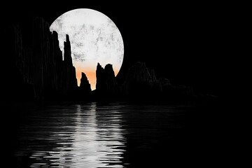 Poster - Bright full moon illuminates rocky coastline with tranquil waters in the stillness of night