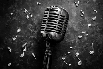 Poster - Classic microphone surrounded by musical notes on a textured background