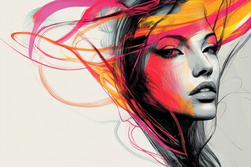 Aufkleber - Vibrant artistic rendering of a female portrait with colorful brush strokes and dynamic lines