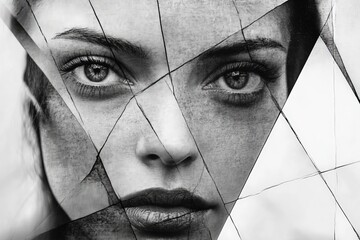 Poster - Fractured beauty captured through a delicate blend of artistry and emotion in a dramatic black and white portrait