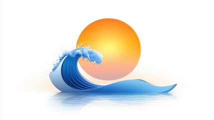 Poster - A modern minimalist beach icon featuring a simple wave design and a circle sun in the background, focusing on simplicity and elegance.