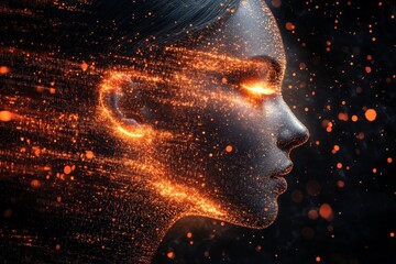 Poster - Dynamic digital art featuring a glowing female portrait illuminated with orange sparks and particles
