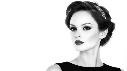 Wall Mural - A striking black-and-white portrait of a glamorous woman with elegant makeup and a vintage hairstyle, showcasing timeless beauty.