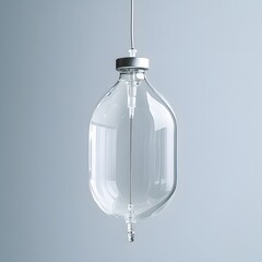 Poster - Iv drip bag transparent and filled with liquid suspended on a minimalist background simple and functional for patient care
