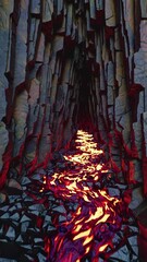 Poster - A breathtaking perspective of lava streams winding through a natural tunnel of basalt, the surrounding walls pulsating with shades of crimson and gold.