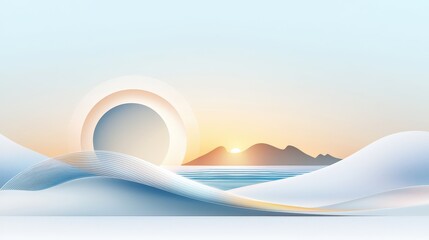 Poster - A stylized abstract coastline illustration using circular forms and soft gradients to express the meeting of ocean and shore in harmony.