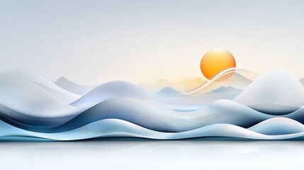 Poster - A stylized abstract coastline illustration using circular forms and soft gradients to express the meeting of ocean and shore in harmony.