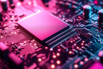 Fototapete - Modern microchip on a circuit board illuminated by pink and purple lights in a futuristic setting