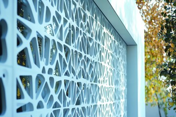 Aufkleber - Intricate white lattice wall contrasts with autumn foliage in a tranquil outdoor setting