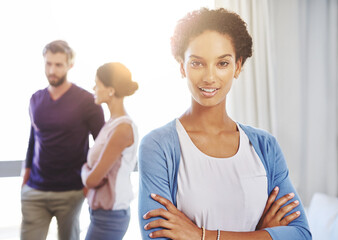 Poster - Arms crossed, leadership and portrait of designer woman in office for small business startup. Agency, creative and smile with happy design company employee in workplace for ambition or development
