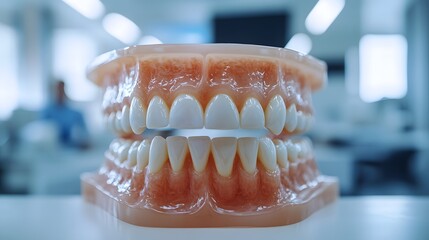 Poster - Dentist carefully inspecting patients teeth in a bright minimalist dental office using advanced dental tools with digital screens showing dental scans