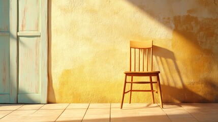 Poster - Wooden Chair Against Textured Yellow Wall with Light and Shadows