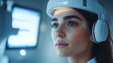Poster - eye doctor using hightech eye examination device closely inspecting the female patients vision in a 