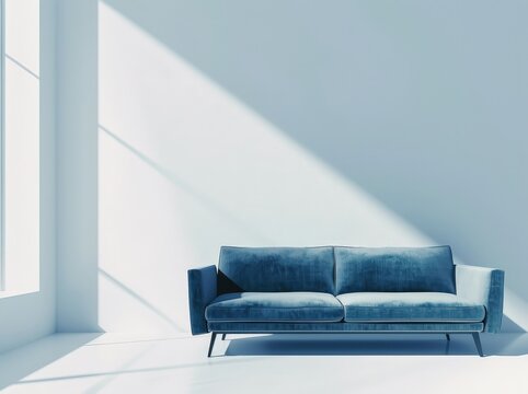 A minimalist living room with a blue velvet sofa against a white wall and sunlight streaming in
