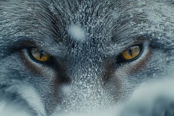 Poster - Wild wolf gazes intensely during snowy winter afternoon in a frozen landscape showcasing nature’s beauty